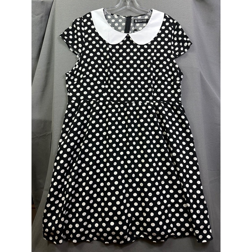 Allegra K Polka Dot Dress XL Black White Peter Pan Collar Fit Flare Short Sleeve
